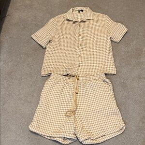 Nova Men Two Piece Set Beige Checkered Casual Button Down Shirt and Shorts